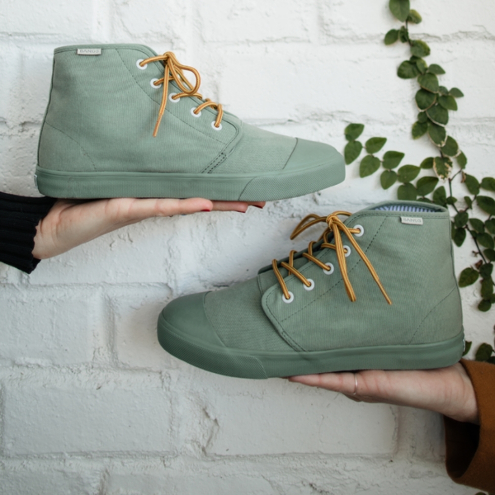 NIB • bangs shoes | sage, high tops, golden laces, unisex, women's 7.5 men's 6